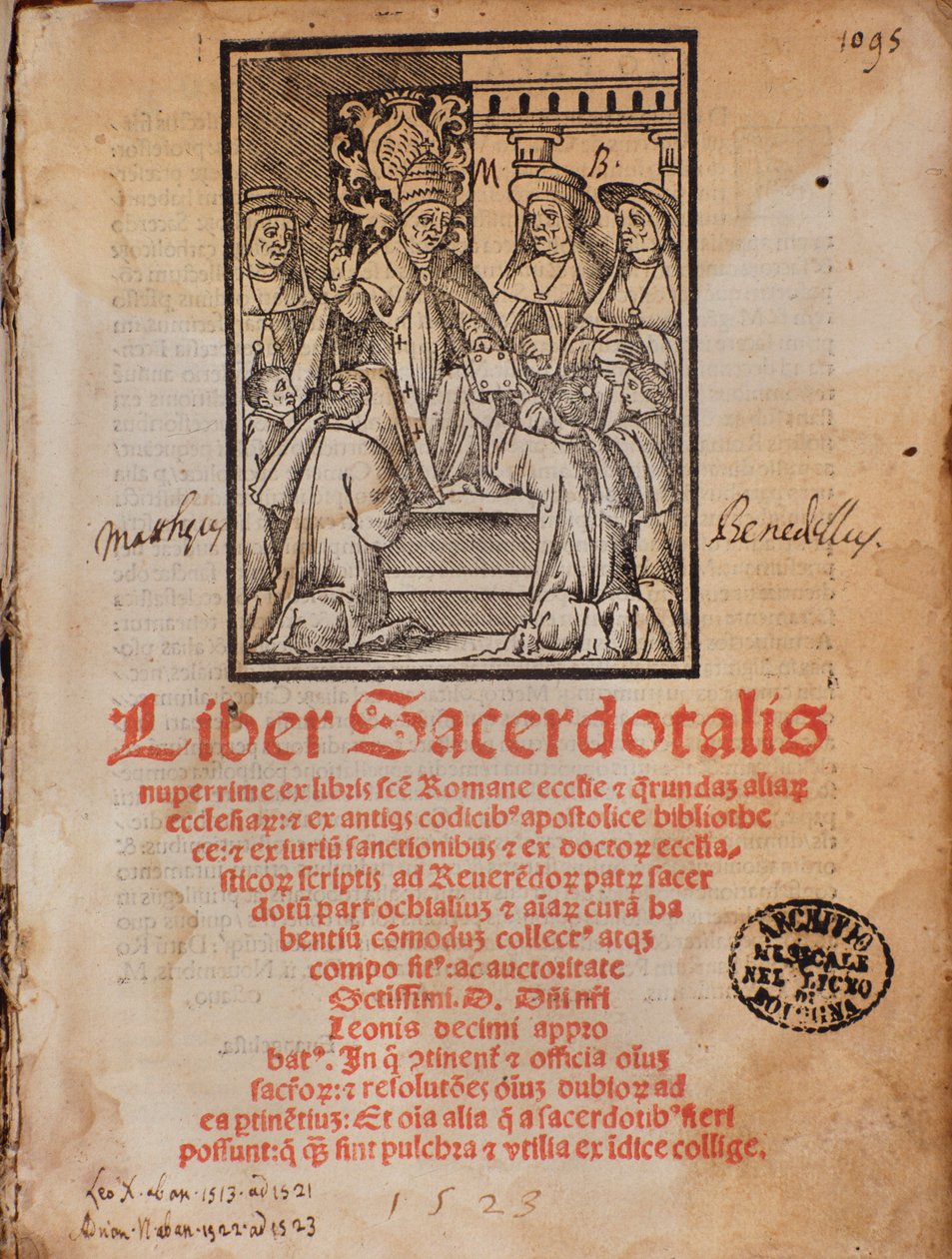 Pave Leon X modtager bogen Frontispice af liturgibogen "Liber Sacerdotalis"" af Castellini af Unknown artist