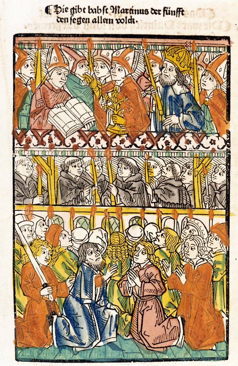 Pave Martin V (1368 - 1431) valgt ved koncilet i Konstanz (1417) ved at afslutte det store skisma i Vesten udfører velsignelsen. "Das concilium" af Unknown artist