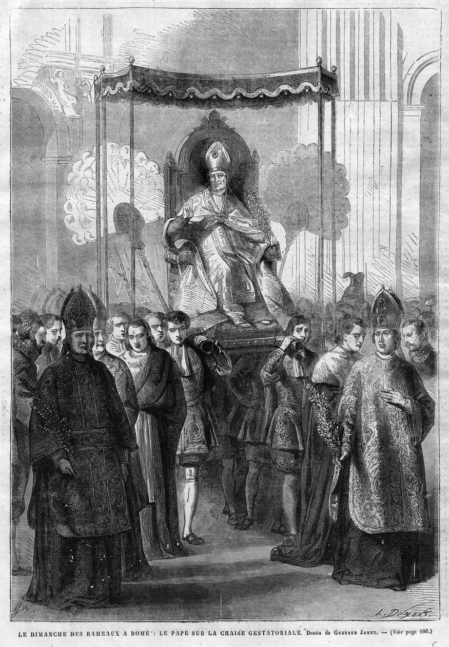 Pave Pius IX (1835-1914) om sedia gestatoria - Palmesøndag i Rom: Pave Pius IX (Pius Pio 9) på gestatorisk stol - tegning af Gustave Janet - The Illustrative Diary of 1868 af Unknown artist
