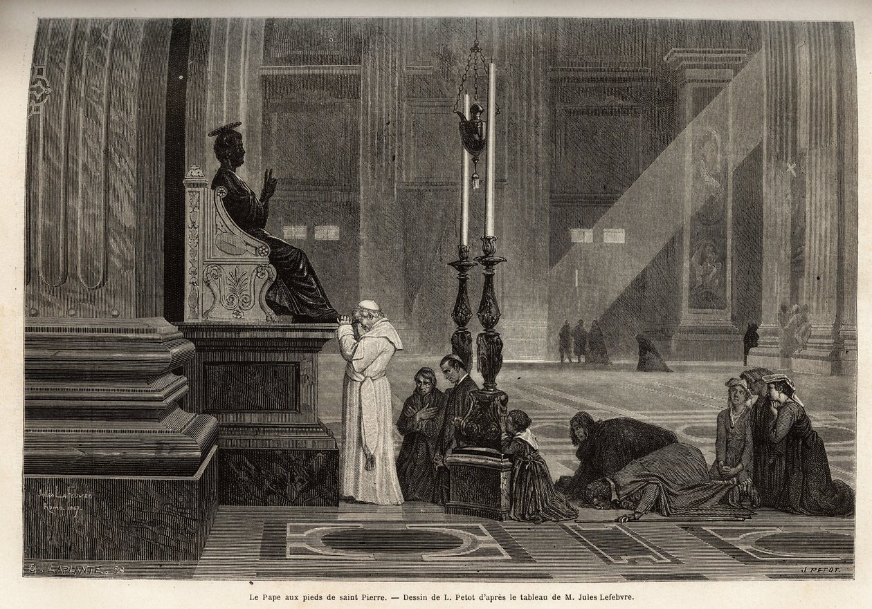 Pave Pius IX (pio 9) (1792-1878) samlet ved foden af statuen af St. Peter, ved indgangen til basilikaen, i Vatikanet. Gravering til illustration af Rom-historien, af Francis Wey, i 1864-1868, udgivet i "" le tour du monde", redigeret af D