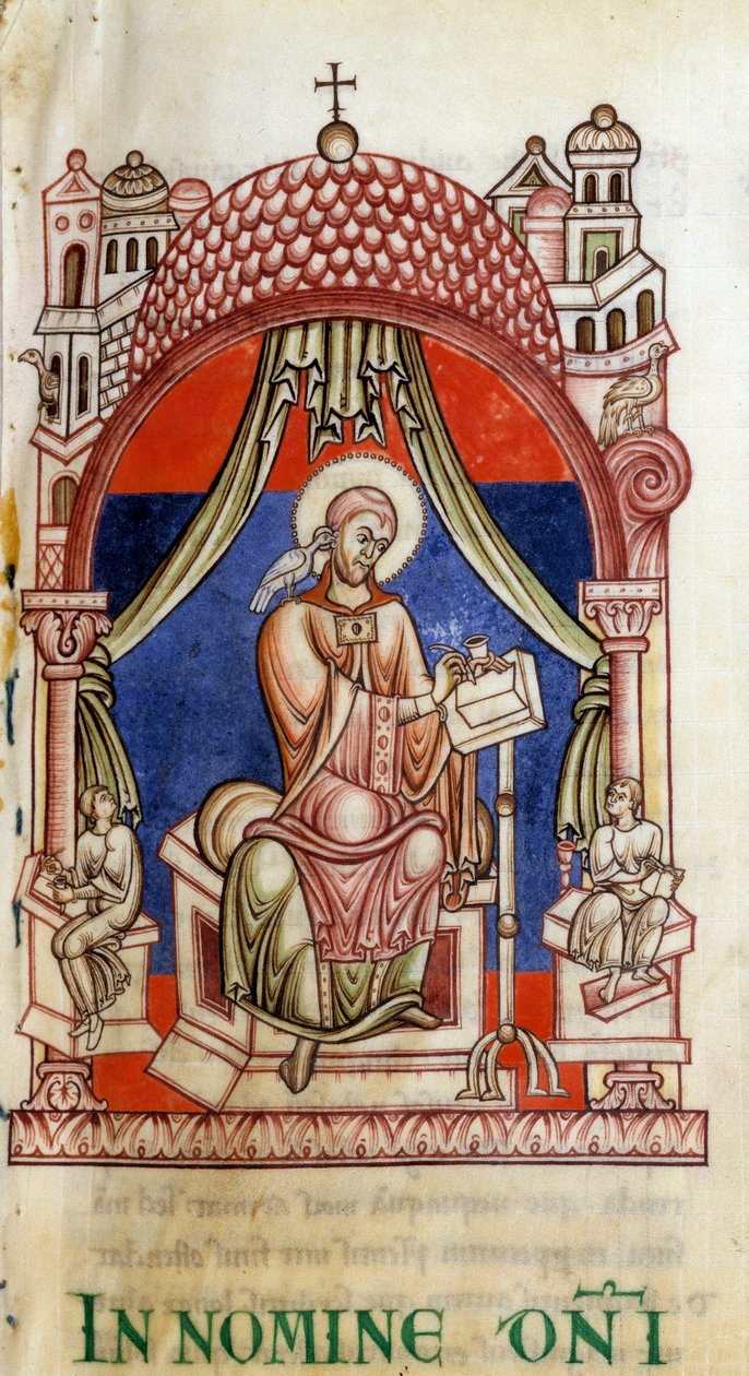 Pave St. Gregoire I den Store (540-604) omgivet af to sekretærer. Han er skrevet repræsentant med en due på skulderen, symbol på Helligånden (Helligånden). Miniature af Saint Gregoires bogstaver af Unknown artist