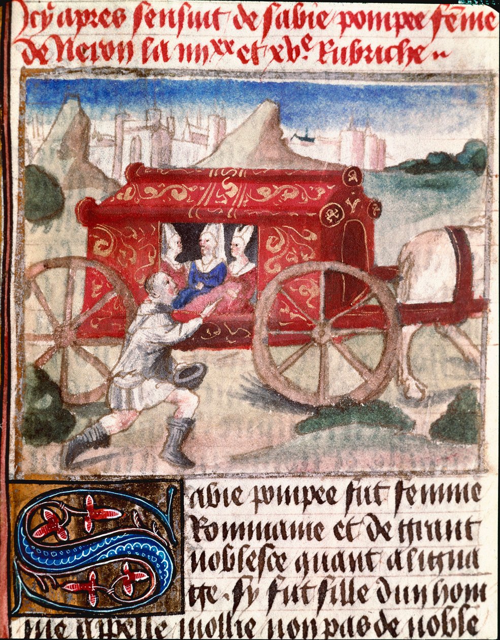 Poppee, den romerske kejser Neros hustru, modtager en miniaturebudbringer fra "The Book of Light and Noble Women"" af Giovanni Boccaccio dit Jean Boccaccio (1313-1375) af Unknown artist