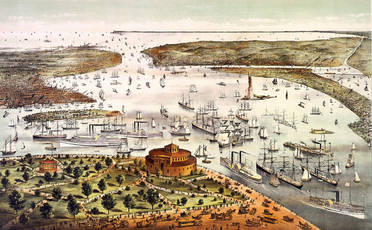 Havn i New York; luftudsigt. Stik v. 1892. af Unknown artist