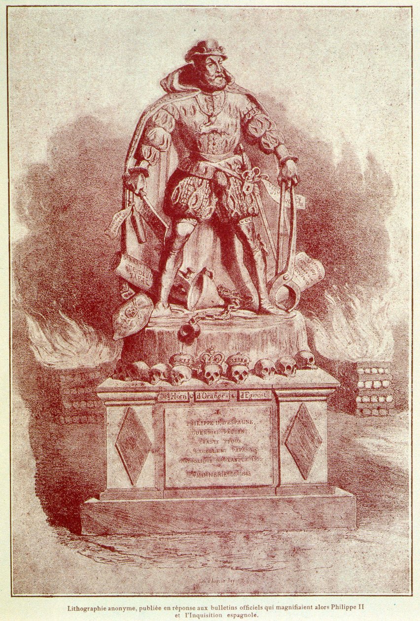 Portrætladning af Philip II om den spanske inkvisition - gravering af Unknown artist