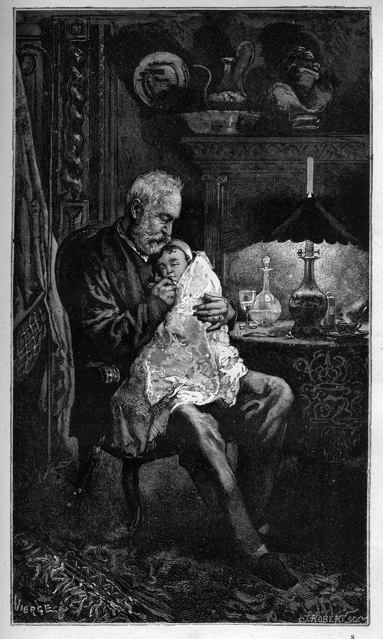 Portræt af Victor Hugo, siddende med barnebarnet Jeanne - gravering fra "" Det frygtelige år"" ("Det frygtelige år") - Hugo et l