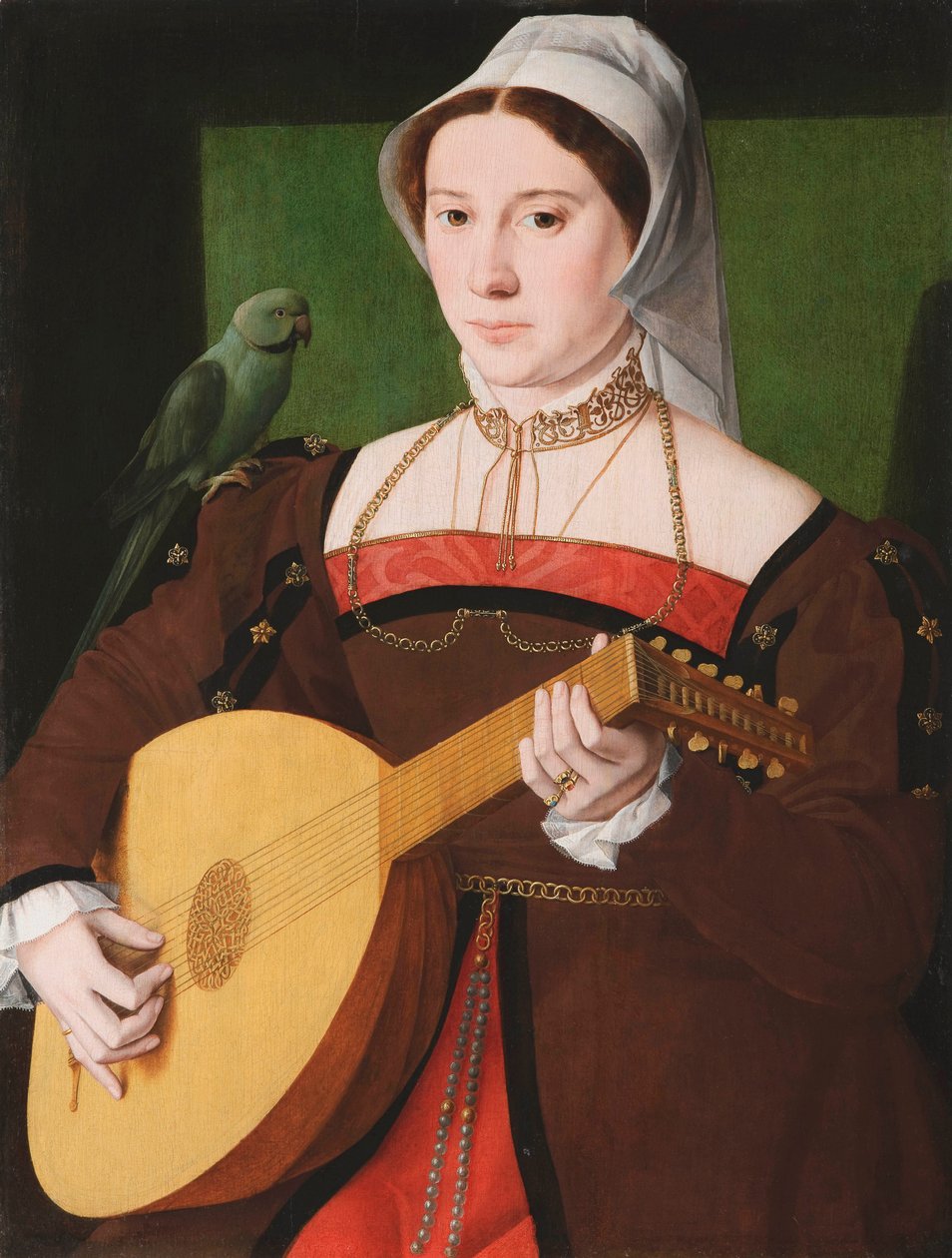 "Portræt af en kvinde, der spiller en lut, med en papegøje på skulderen" Anonymt maleri omkring 1540 Olie på træ, 70x55 - Fondation Custodia af Unknown artist