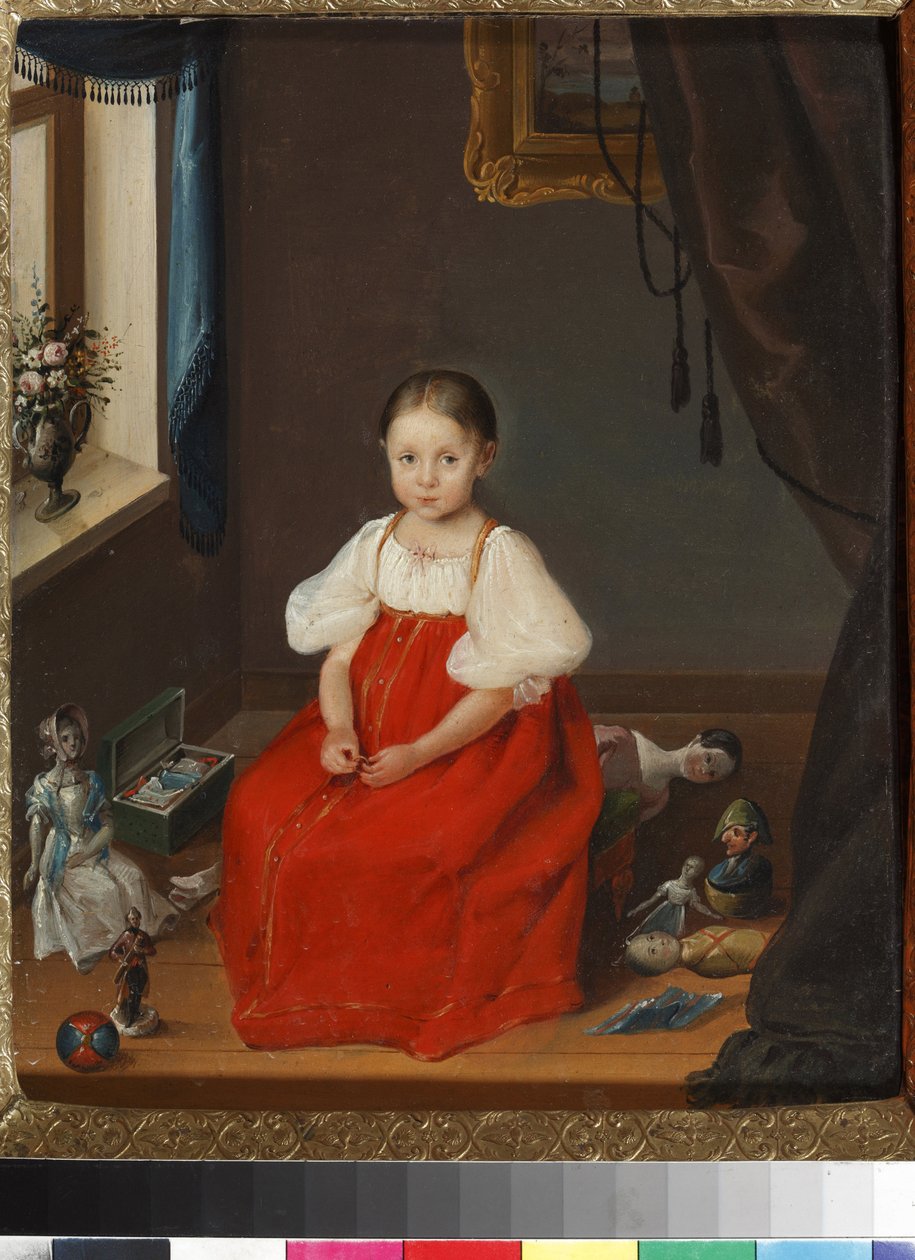 ""Portræt af en lille pige i en rød kjole, der poserer blandt hendes legetøj"" (Portræt af en pige i en rød sarafan med legetøj) Anonymt maleri omkring 1840 Kunst- og pædagogisk legetøjsmuseum, Sergiyev Posad af Unknown artist