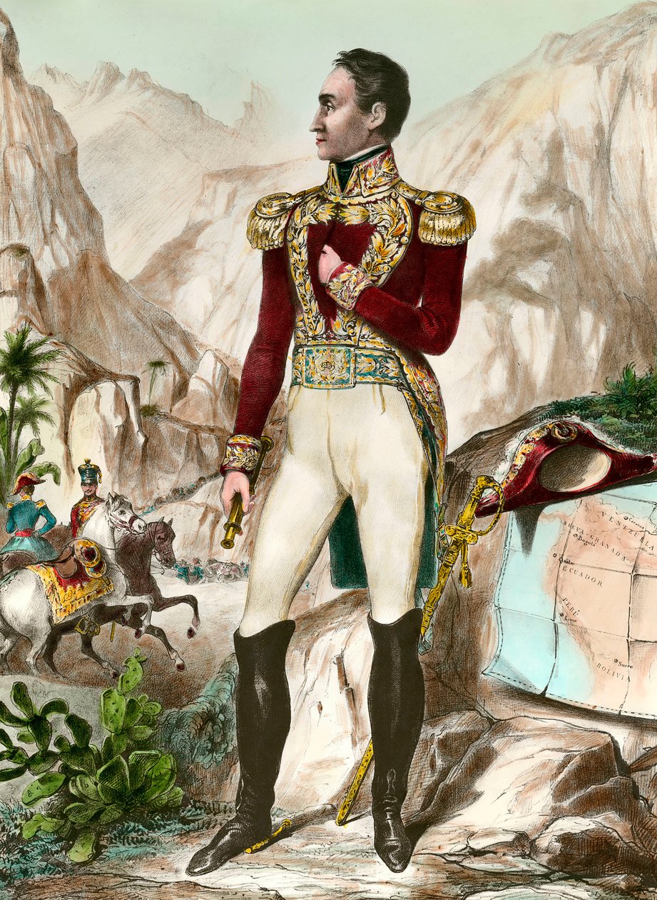 Portrait en pied af Simon Bolivar (1783-1830) generel sydamerikansk gravering fra det 19. århundrede. Privat samling af Unknown artist