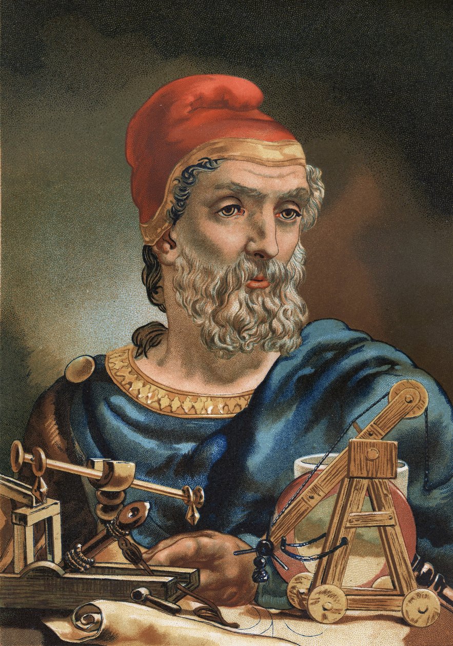 Portræt af Archimedes på græsk Arkimedes matematiker og græsk fysiker (Syracuse, 287 f.Kr. til id, 212 f.Kr.). efter "Science and its Men" af Louis Figuier. Barcelona 1881. af Unknown artist