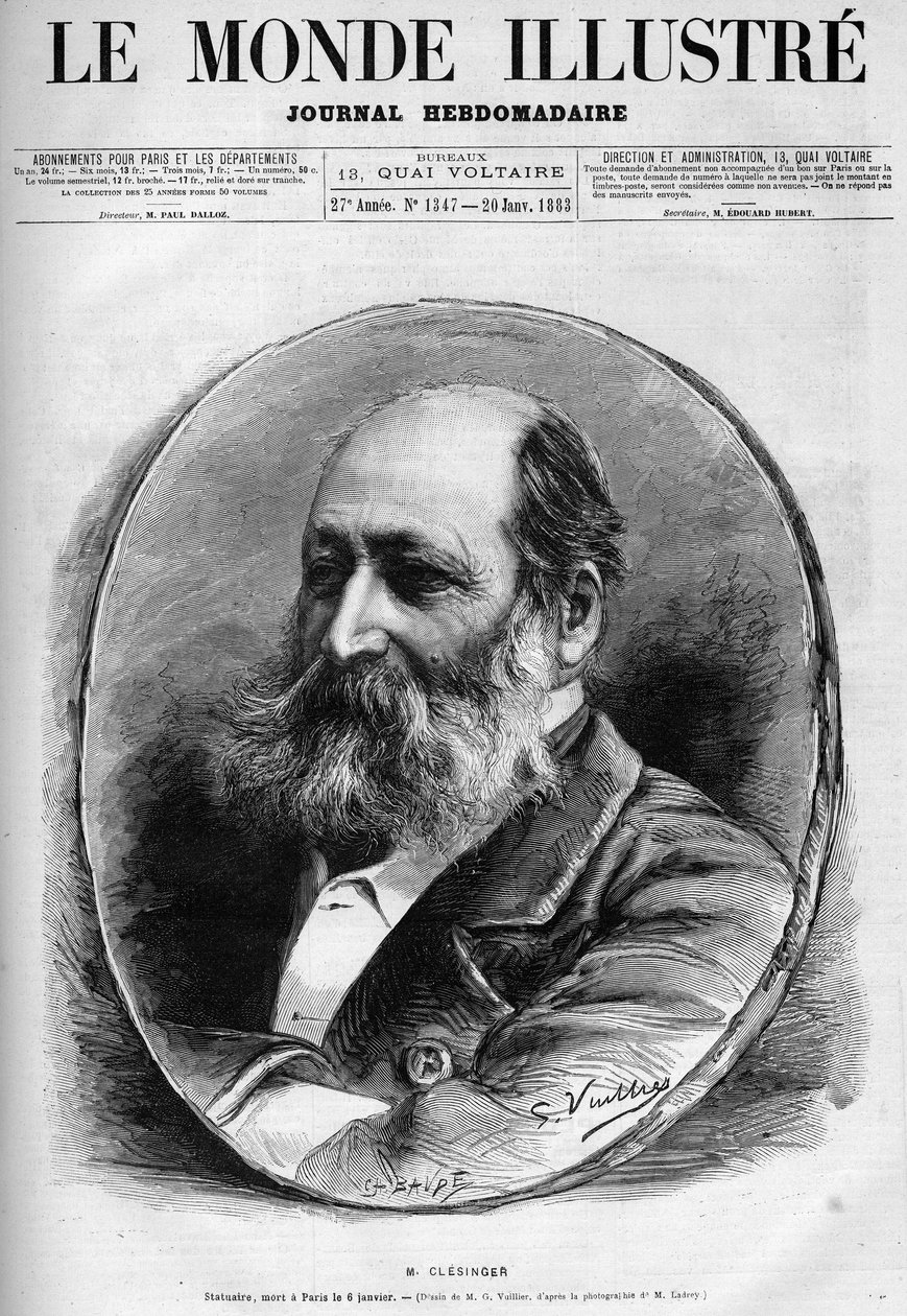 Portræt af Auguste Clesinger (1814-1883), fransk billedhugger og maler. Indgravering i "" Le Monde illustrious"" 1883. Privat samling. af Unknown artist