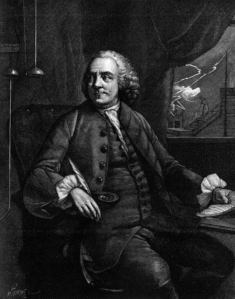 Portræt af Benjamin Franklin (1706-1790), amerikansk filosof, fysiker og ambassadør. (Fra et gammelt stik). Gravering i "" Natur: gennemgang af videnskaberne og deres anvendelser til kunst og industri"" af 31. marts af Unknown artist