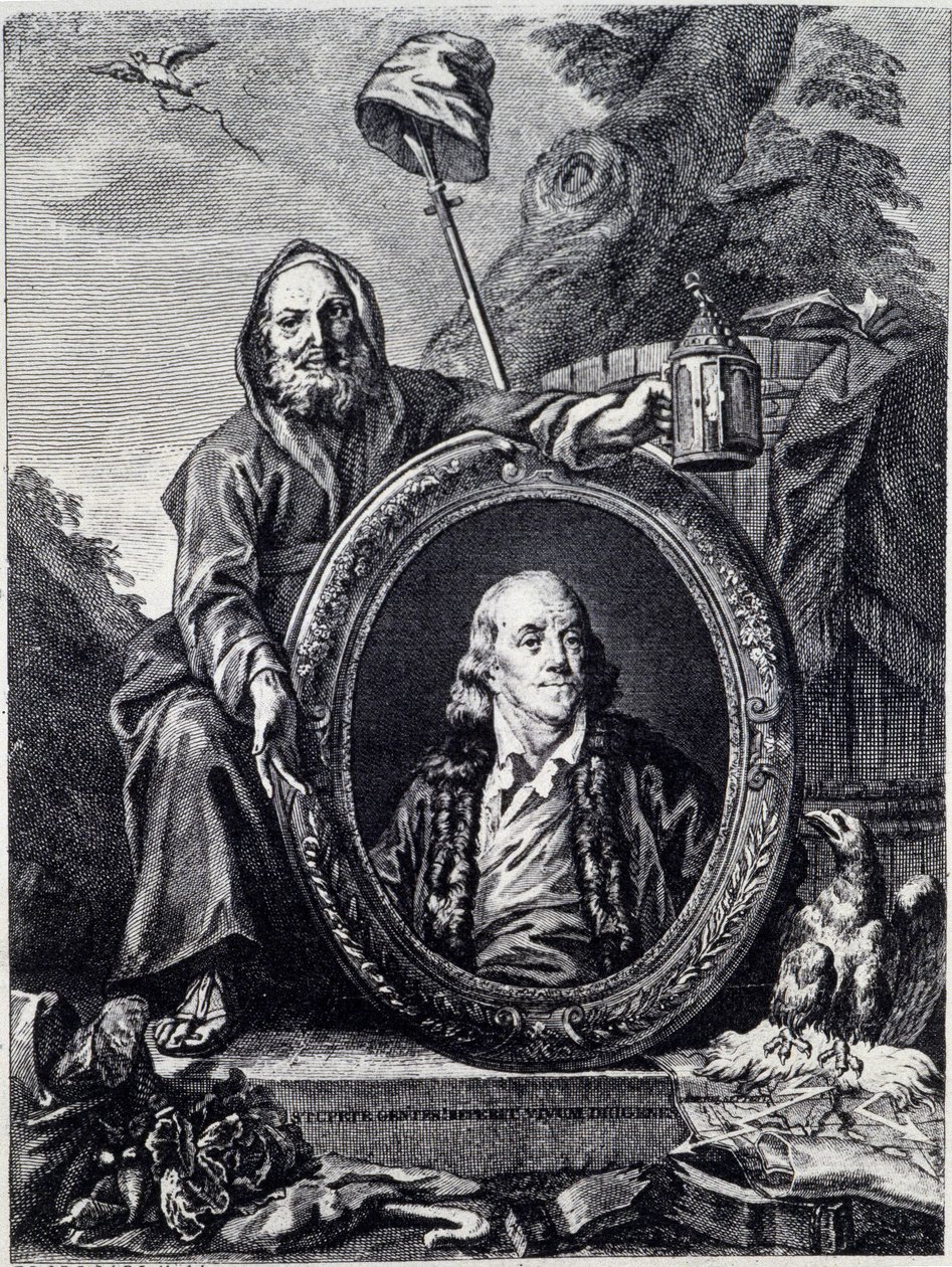Portræt af Benjamin Franklin (1706 - 1790), amerikansk politiker, mindesmærke, pamfletariker og fysiker af Unknown artist