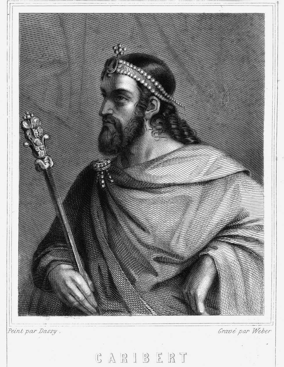 Portræt af Caribert (? -?), Konge af Paris (561 - 567) - i "" Histoire des Français"" af Lavallée, gravering, sd. af Unknown artist