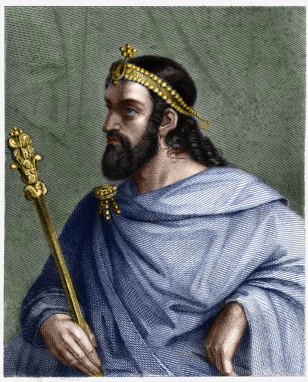 Portræt af Caribert (? -?) , konge af Paris (561 - 567) - i "" Histoire des Francais"" af Lavallee, gravering, sd. af Unknown artist