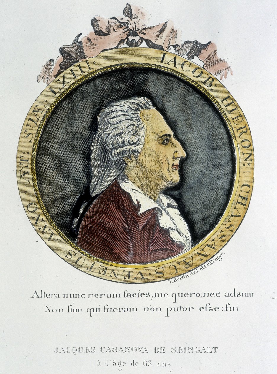Portræt af Casanova (1725 - 1798) - portræt i frontispice, i "" Historien om min flugt fra fængslerne i Republikken Venedig "", skrevet til Dux i Bøhmen af Unknown artist