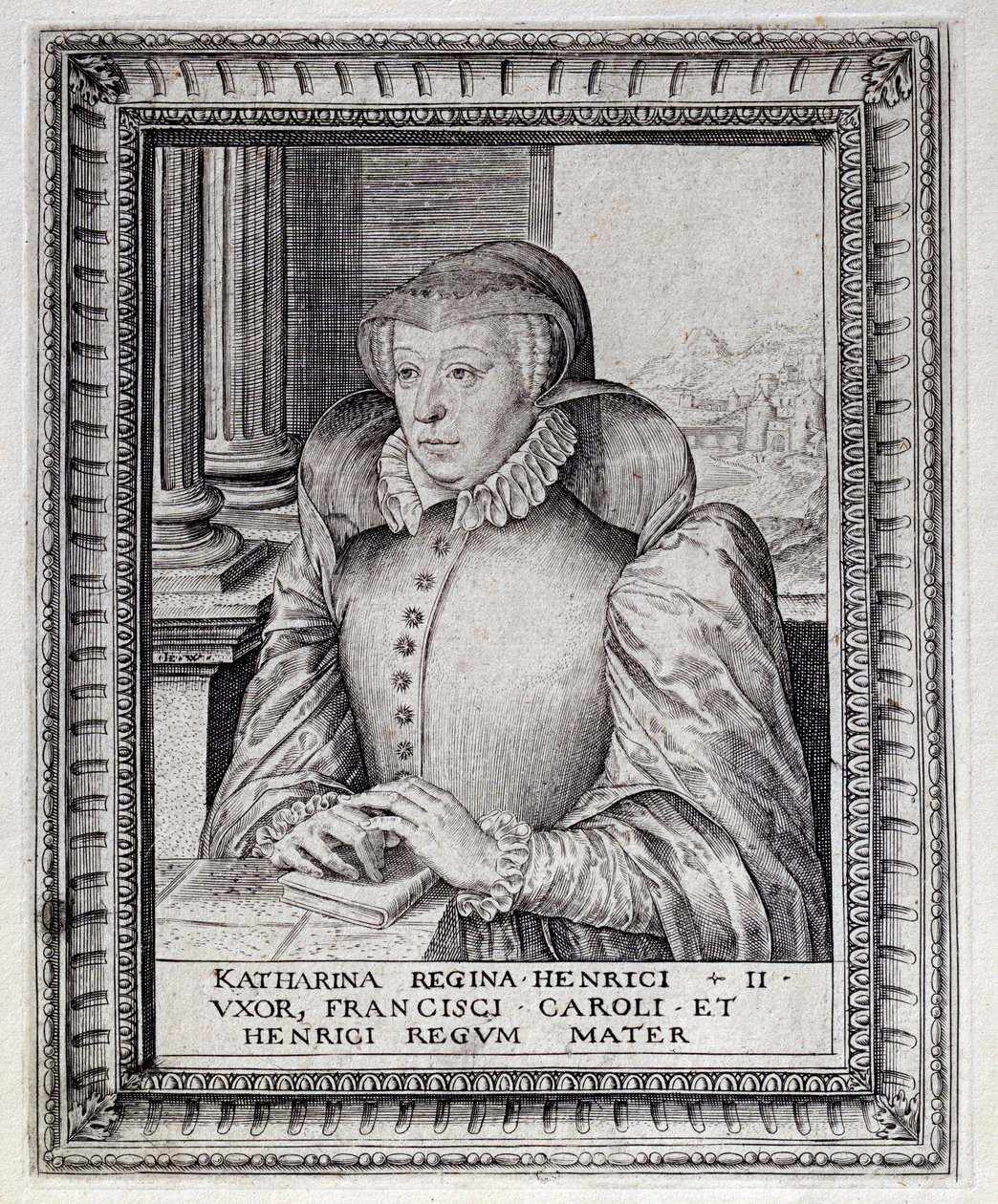 Portræt af Catherine de Medicis (Caterina de Medici) (1519-1589), dronning af Frankrig. Gravering af det 16. århundrede. Pau, Musee du Chateau af Unknown artist