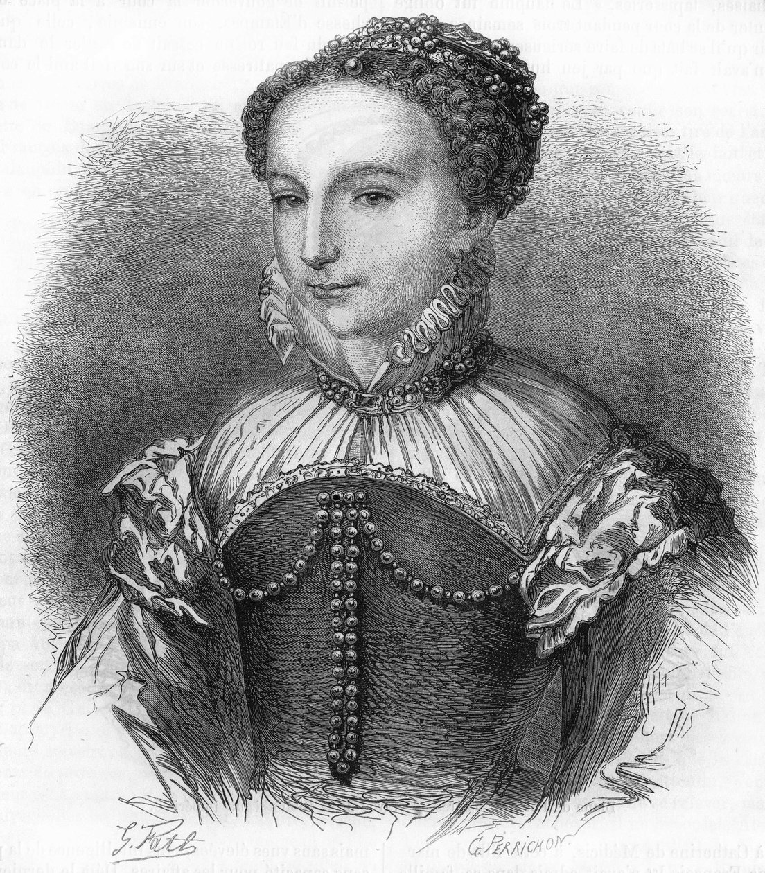 Portræt af Catherine de Medicis (Caterina de Medici) (1519-1589) hustru til Henrik II, konge af Frankrig. 1800-tals gravering. af Unknown artist