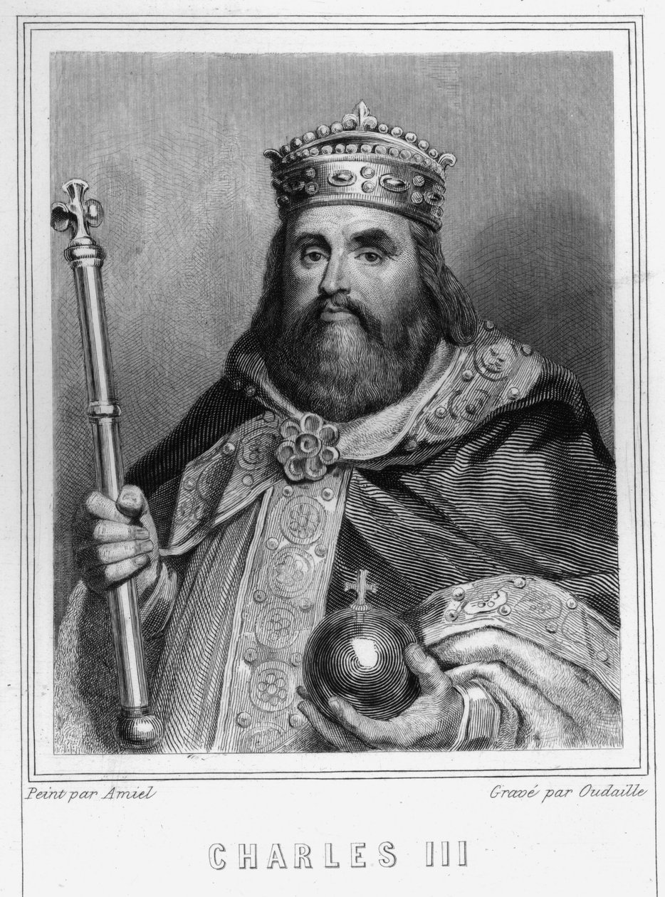 Portræt af Karl III (839 - 888), kejser af Vesten (881 - 887) og regent af Frankrig (884 - 887) - i "Histoire des Français" af Lavallée, stik, sd. af Unknown artist