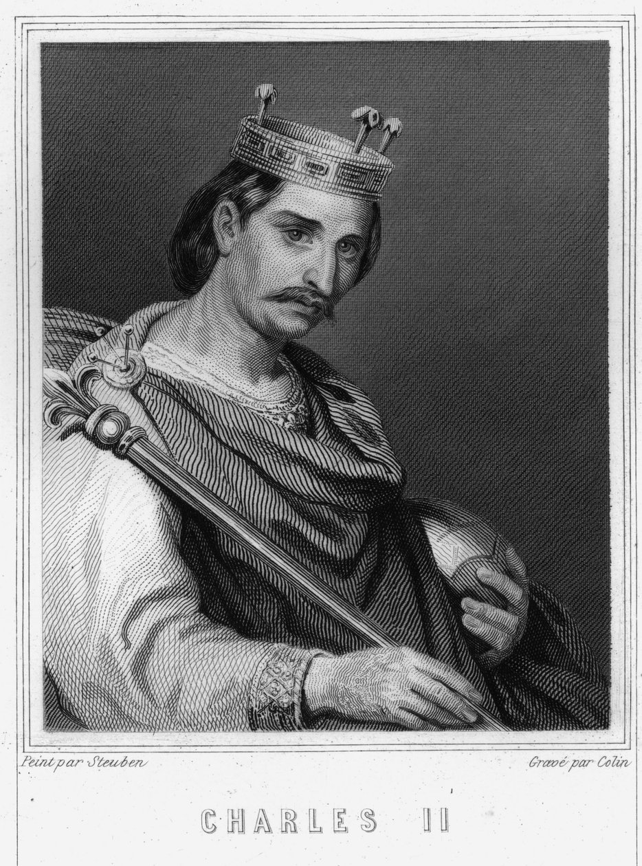 Portræt af Charles II den Skaldede (823 - 877), konge af Frankrig - i "Histoire des Français"" af Lavallée, gravering, sd. af Unknown artist