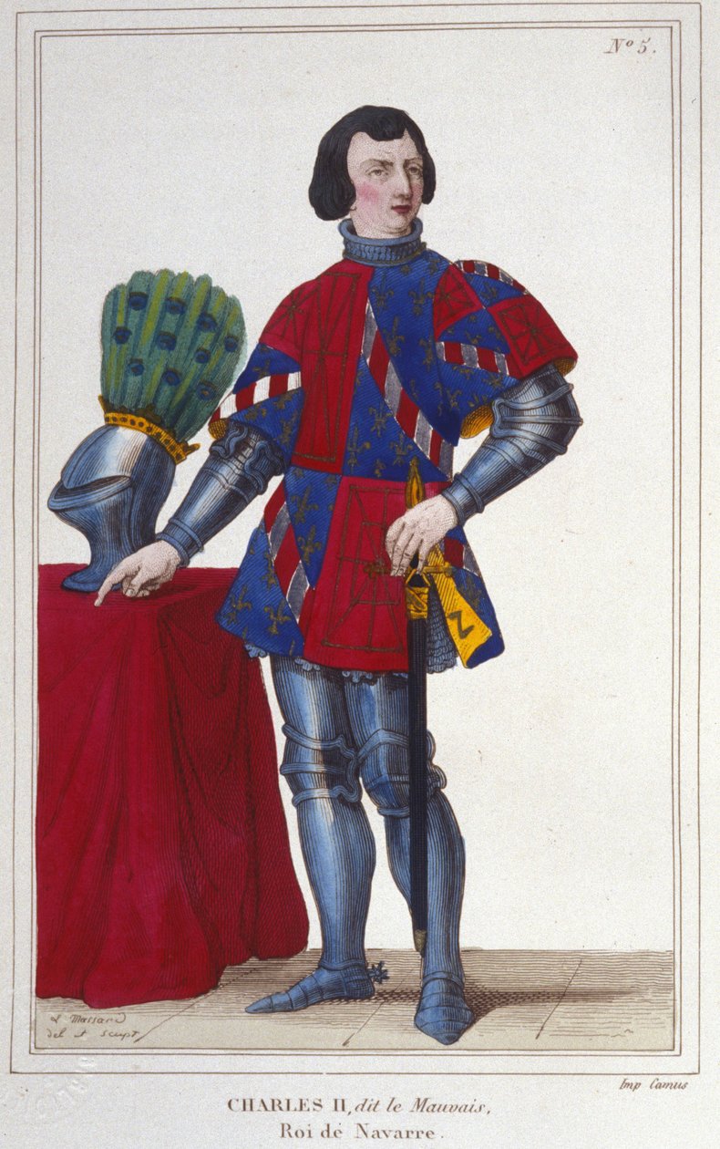 Portræt af Karl II den Onde (1332 - 1387). Konge af Navarra - Spanien fra 1349 til 1387. Stik fra 1830 af Unknown artist
