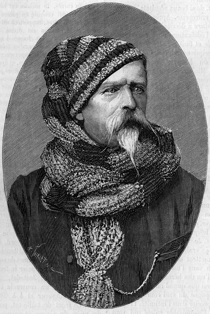 Portræt af Charles Marie Etienne Champion Dubois de Nansouty (1815-1895), fransk general, i bjergdragt. (Fra et fotografi taget i Bagneres de Bigorre i 1879). Gravering i "" Nature: gennemgang af videnskaberne og deres anvendelser til kunst og i af Unknown artist