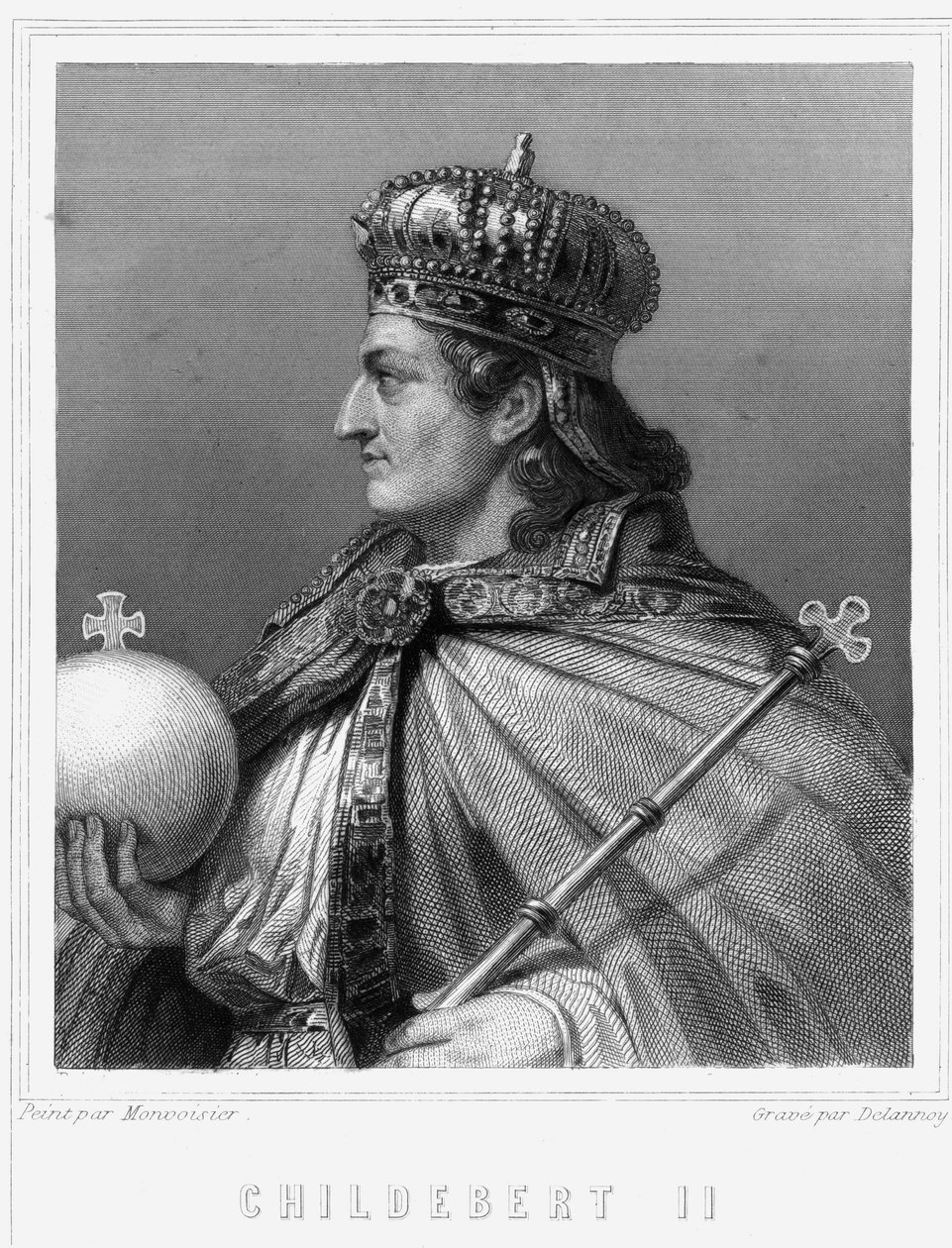 Portræt af Childebert II (v. 570 - 596), konge af Austrasia - i "Histoire des Français"" af Lavallée, stik, sd. af Unknown artist