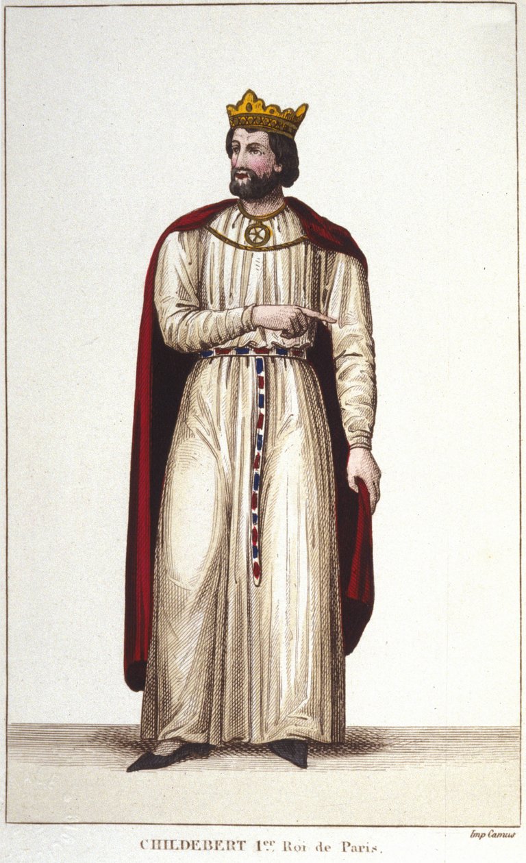 Portræt af Childebert I (v. 495-558) konge af Paris. Stik af 1830 af Unknown artist