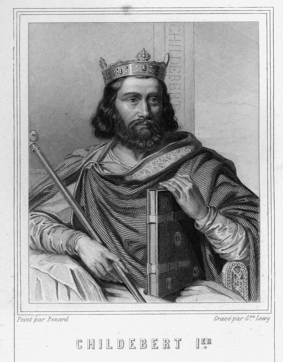 Portræt af Childebert I (v. 495 - 558), konge af Paris - i "Histoire des Français"" af Lavallée, stik, sd. af Unknown artist