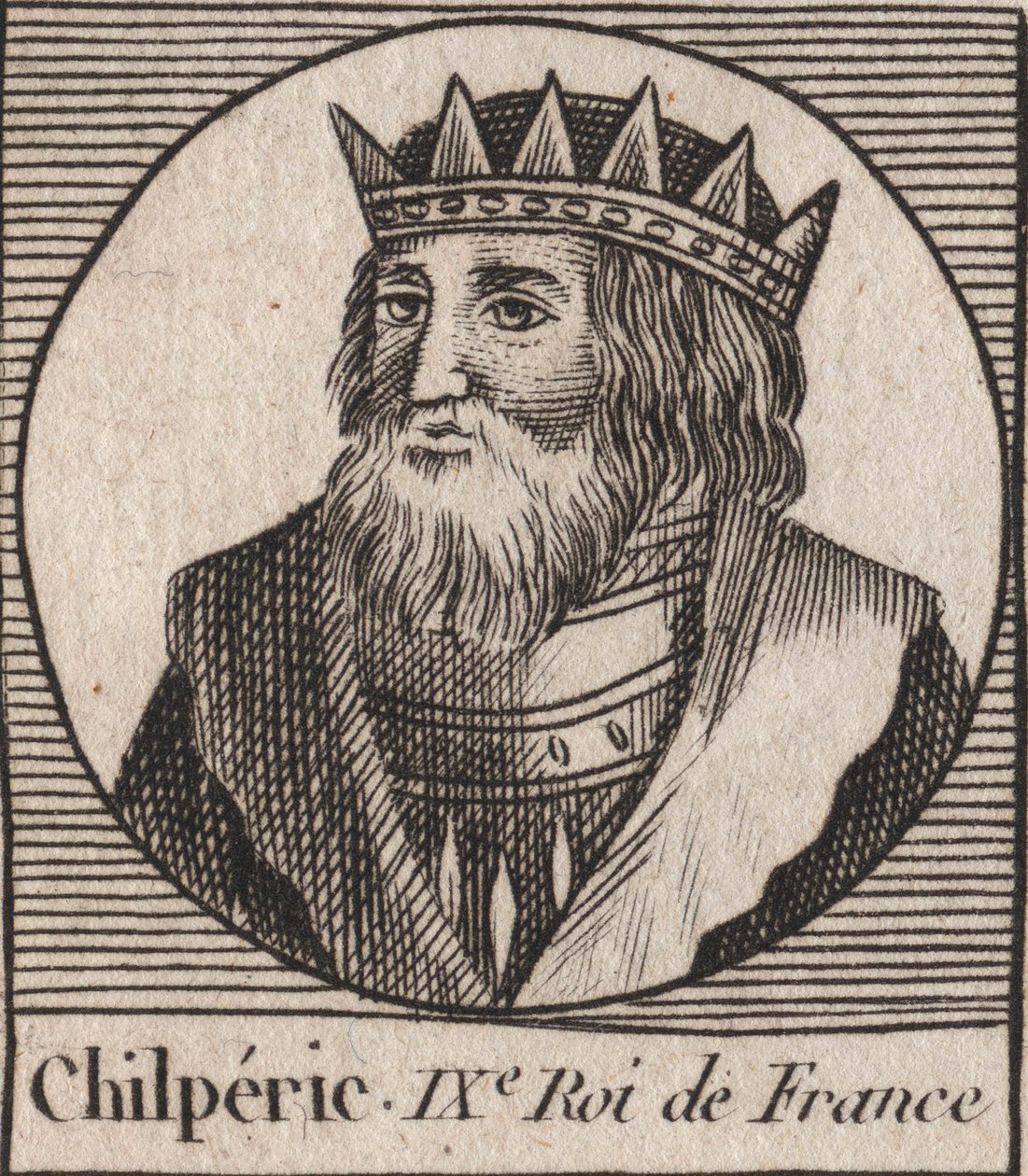 Portræt af Chilperic I (539 - 584), konge af Neustrien - Chilperic I, Merovingerkonge af Frankrig - gravering fra "Instruction sur l