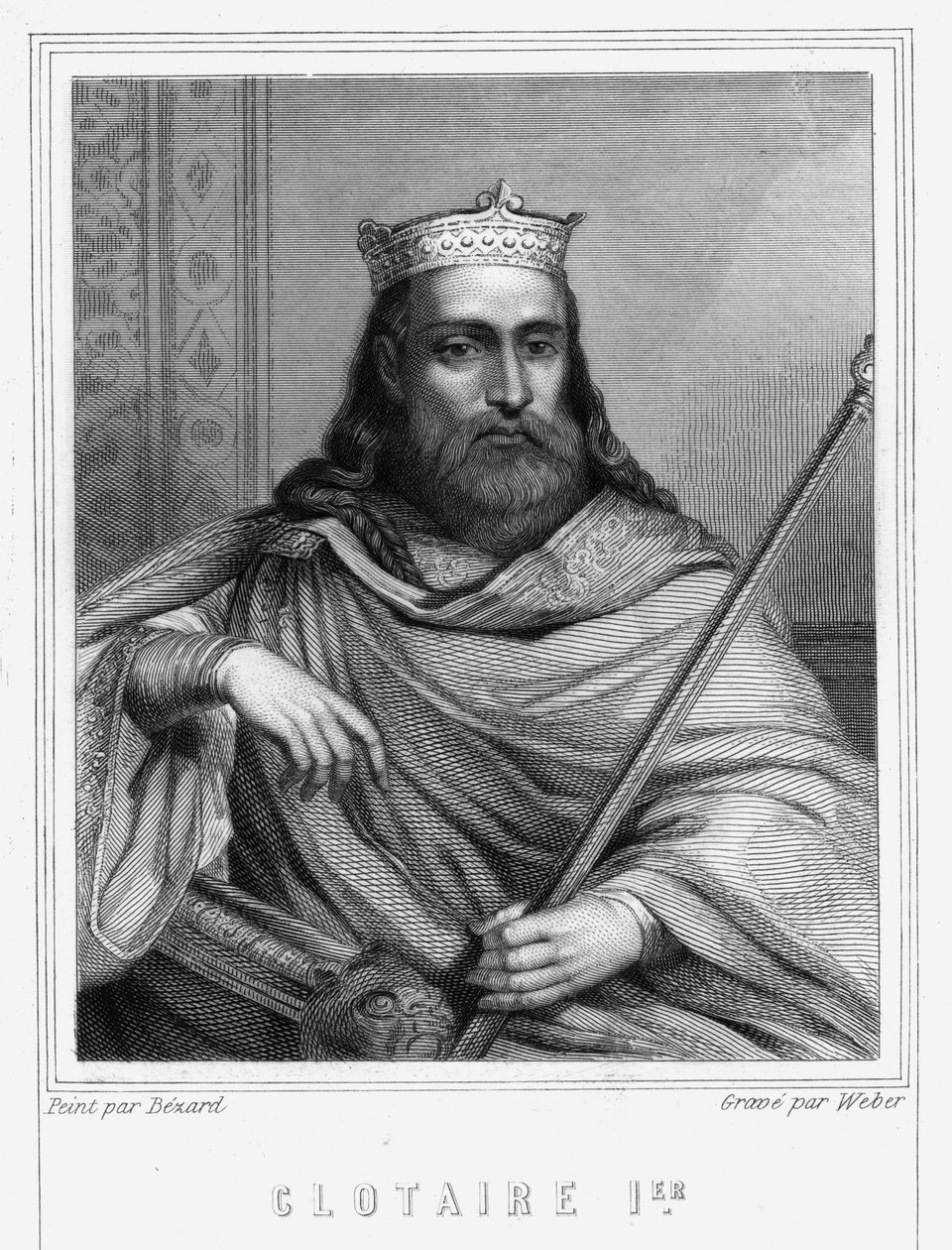 Portræt af Clotaire (Clothaire) I (497 - 561), konge af Neustrien og konge af frankerne - i "Histoire des Français"" af Lavallée, stik, sd. af Unknown artist