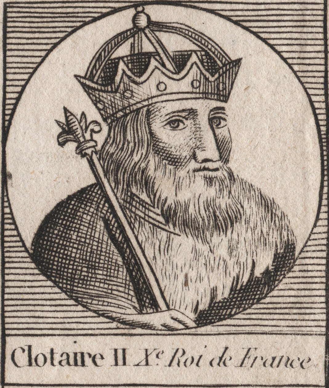 Portræt af Clothaire II (584 - 628), konge af Neustrien og konge af frankerne - Clotaire eller Chlotar II (d.629) konge af frankerne - gravering fra "Instruction sur l