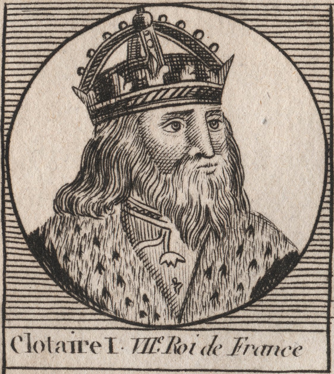 Portræt af Clothaire I (497 - 561), konge af Neustrien og konge af frankerne - Clothar I, konge af frankerne - gravering fra "Instruction sur l