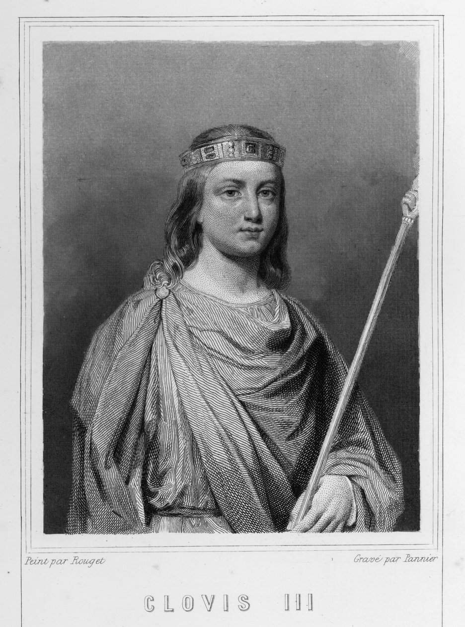 Portræt af Clovis III (? - 695), konge af Austrasia - i "" Histoire des Français"" af Lavallée, gravering, sd. af Unknown artist