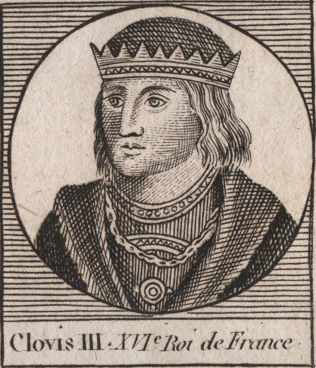 Portræt af Clovis III, frankernes konge fra 691 til 695 - CLOVIS III Merovingerkonge af Neustrien og Austrasia - gravering fra "Instruction sur l
