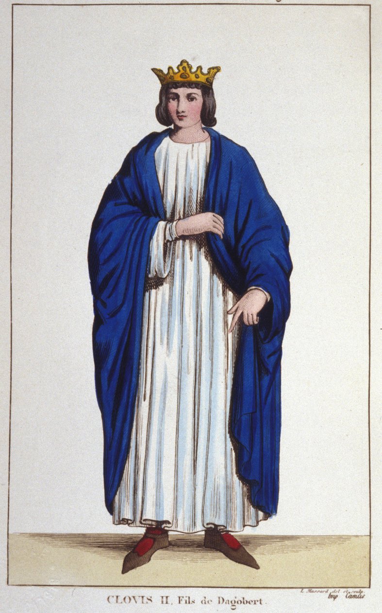 Portræt af Clovis II (? - 657), konge af Neustrien, Bourgogne og Austrasien gravering fra 1830 af Unknown artist