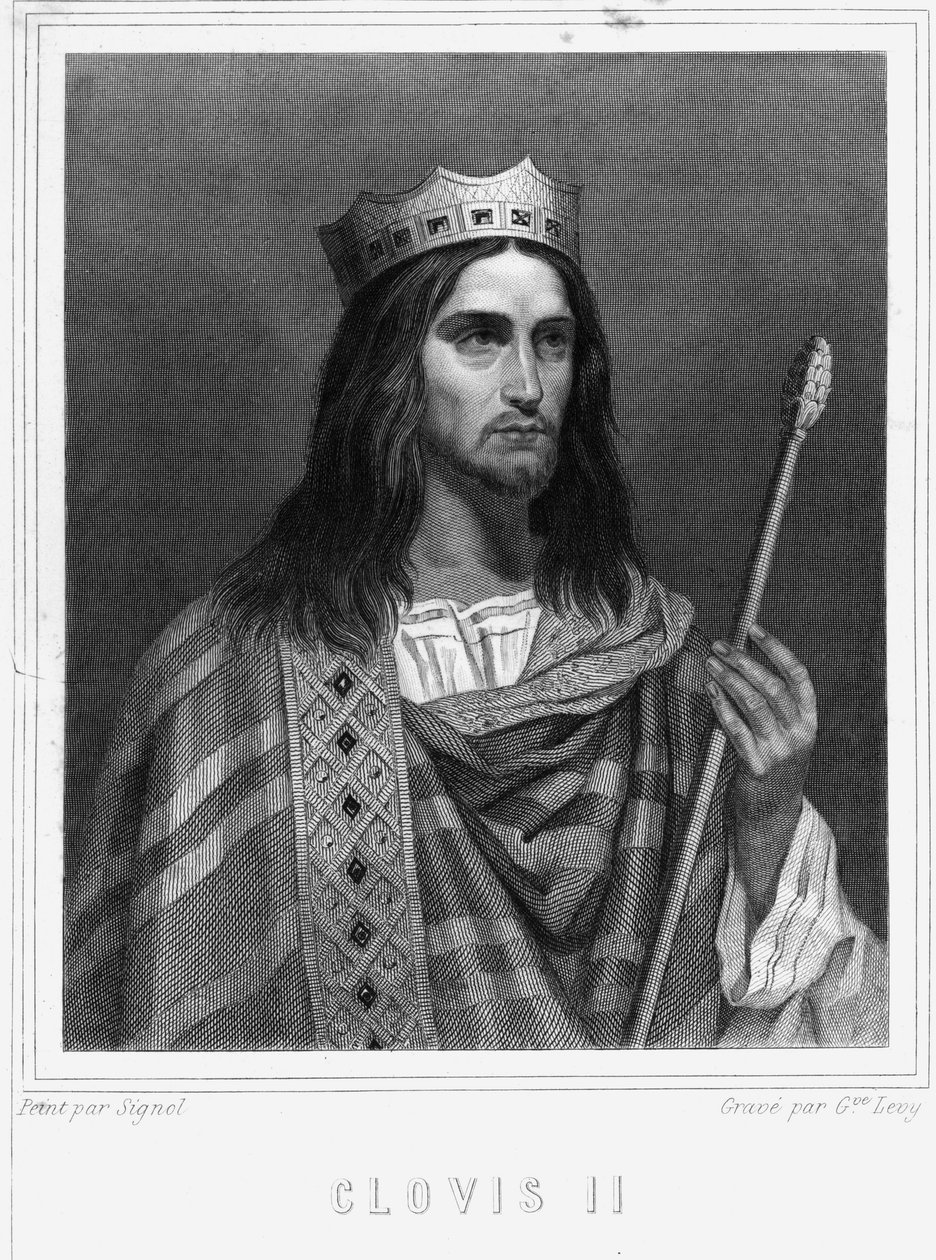 Portræt af Clovis II (? - 657), konge af Neustrien, Bourgogne og Austrasie - i "" Histoire des Français"" af Lavallée, gravering, sd. af Unknown artist