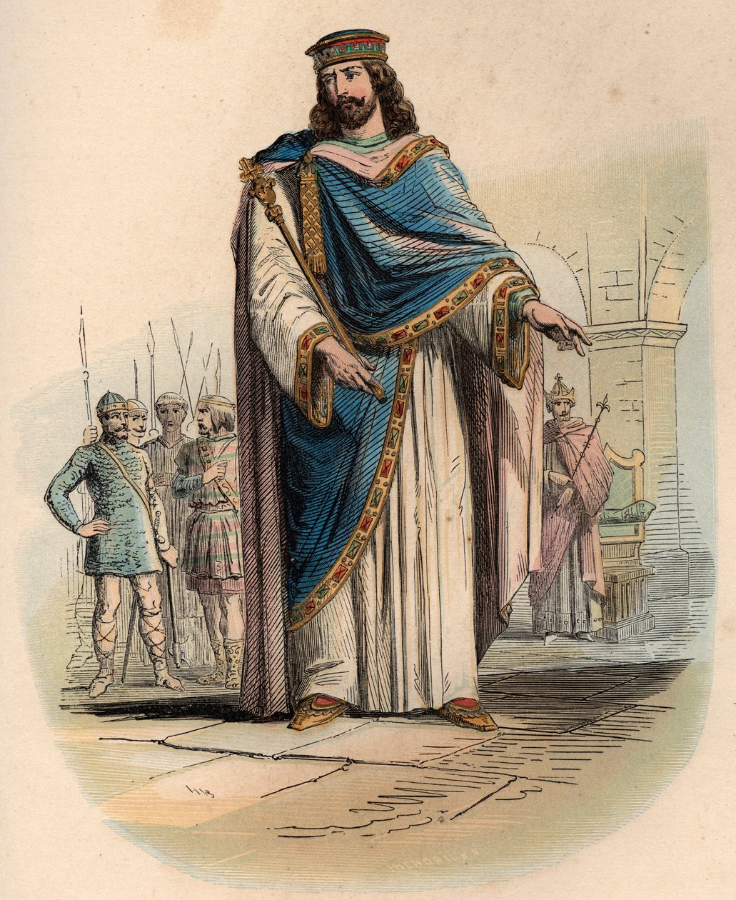 Portræt af Clovis I (v. 466 - 511), kongen af frankerne. Indgravering fra 1868 i "Histoire de Belgique fra primitiv tid til slutningen af Leopold I