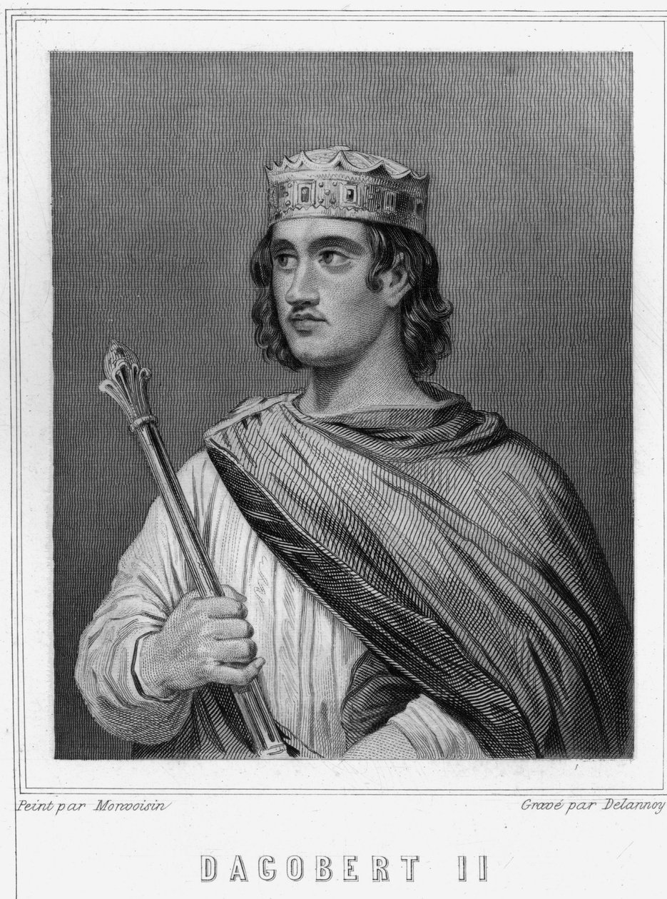 Portræt af Dagobert II (? -?), Konge af Austrasia - i "" Histoire des Français"" af Lavallée, gravering, sd. af Unknown artist