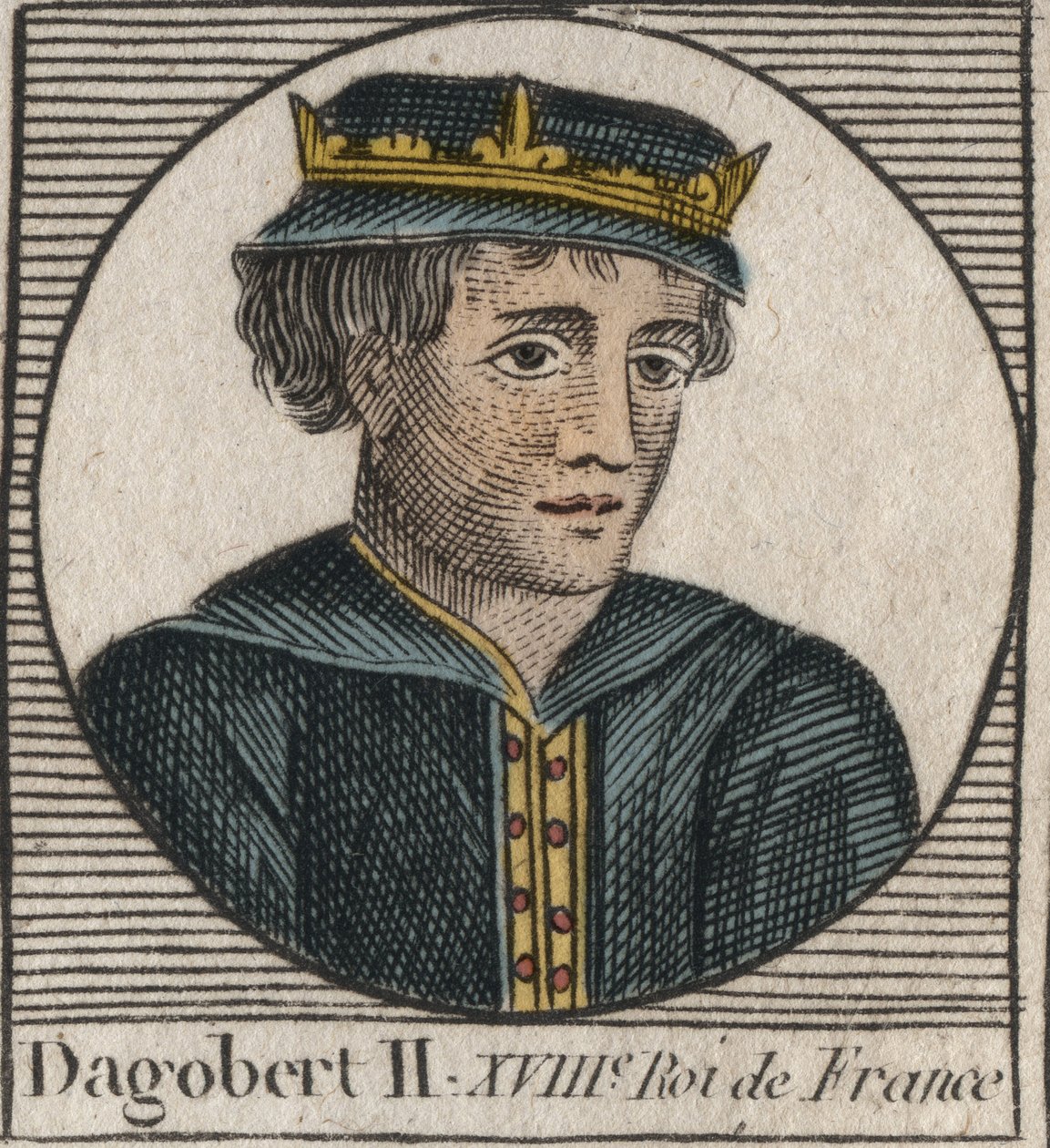 Portræt af Dagobert II, frankernes konge fra 711 til 716 - Dagobert II (676-679), konge af Austrasia - gravering fra "Instruction sur l