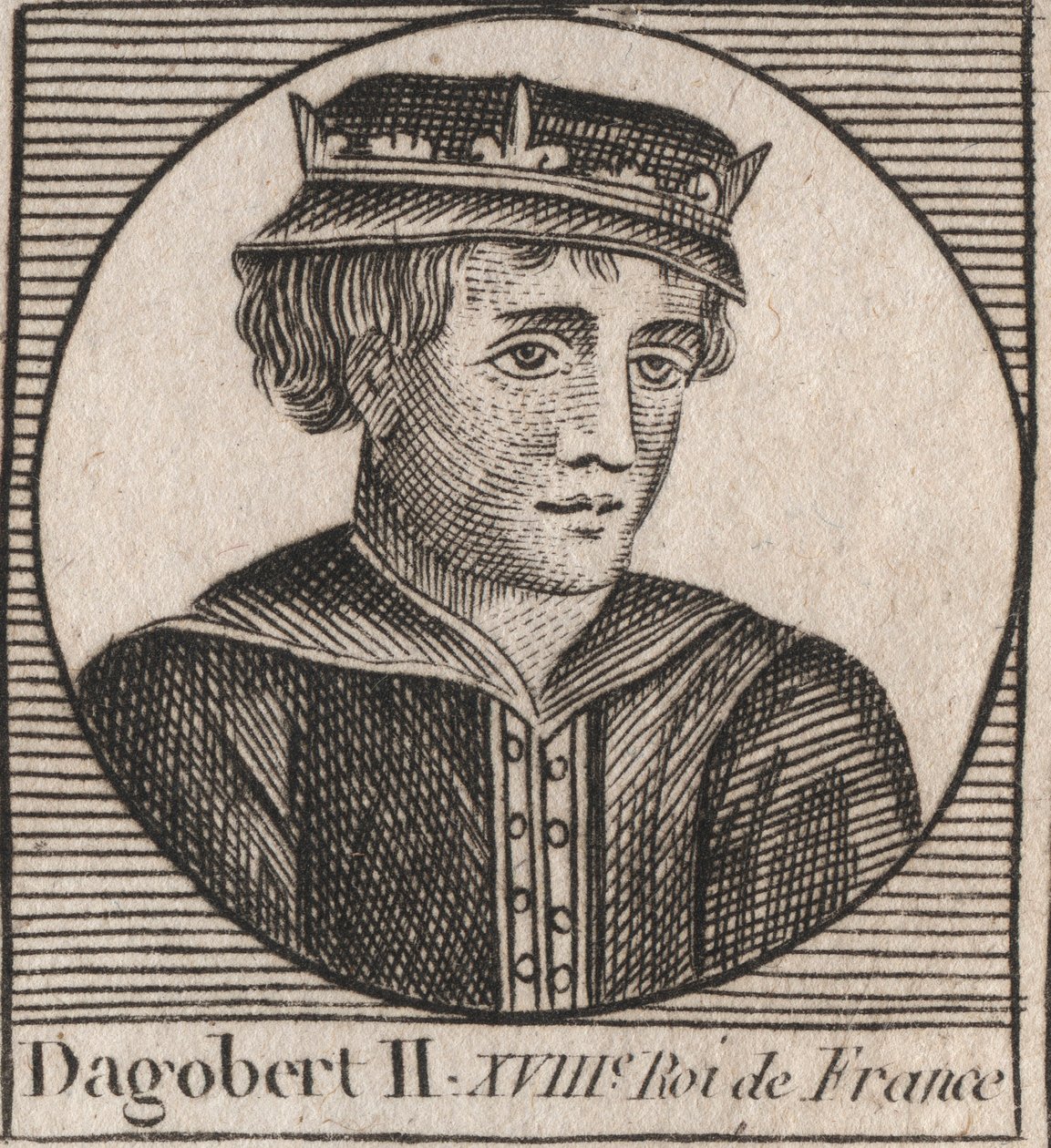 Portræt af Dagobert II, konge af francerne af 711a 716 - Dagobert II (676-679), konge af Austrasia - gravering fra "Instruction sur l