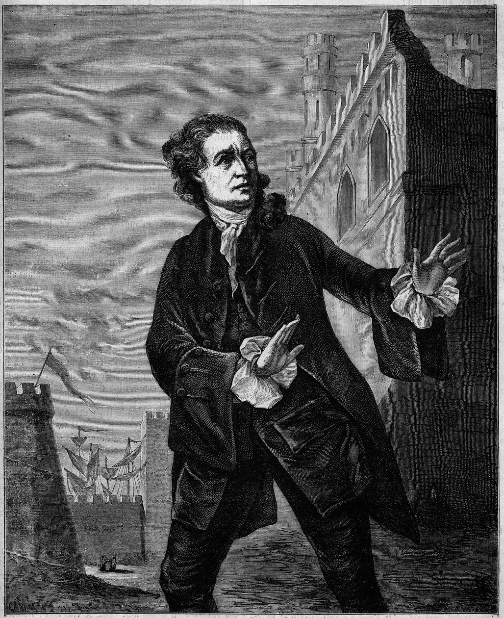 Portræt af David Garrick (1717-1779), engelsk komiker, som Shakespeares "Hamlet". Gravering af Wilson i "" Le Magasin maleriske"" af Unknown artist