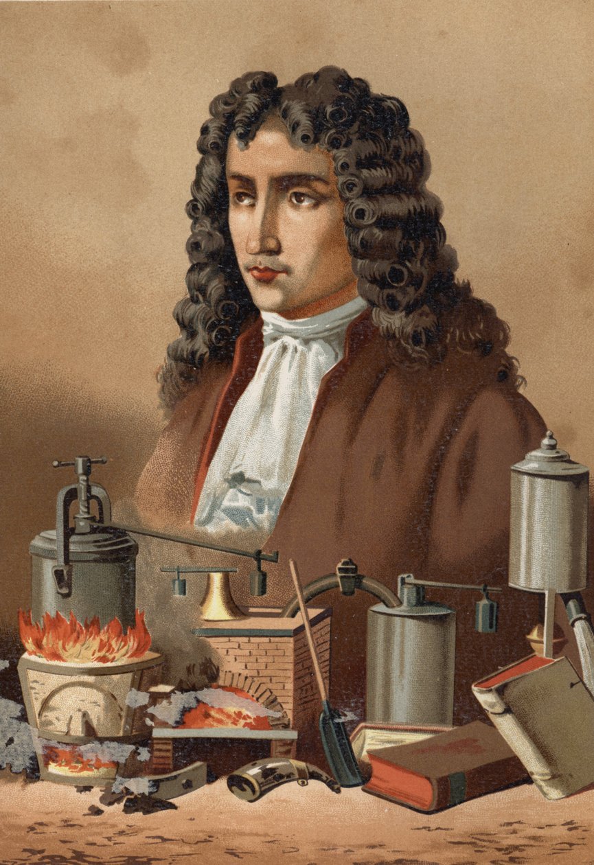 Portræt af Denis Papin (1647 - 1714) fra "Science and its Men" af Louis Figuier. Barcelona 1881 af Unknown artist