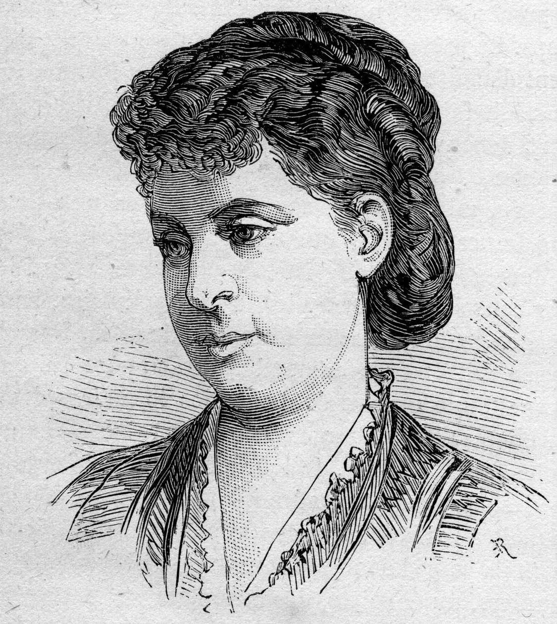 Portræt af Edile Riquer, fransk komiker, medlem af Comedie Francaise fra 1856 til 1884. Indgravering i "" Le Monde Illustré"" n¡1168 af 16. august 1879. af Unknown artist