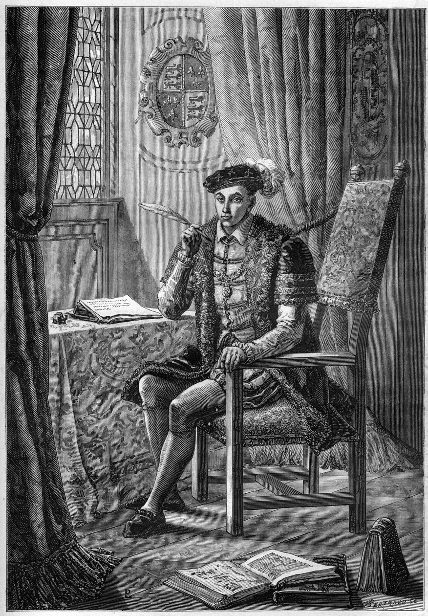 Portræt af Edward VI (1537-53) - Portræt af kong Edward VI af England og Irland (1537-1553) skriver sin dagbog - indgravering i "L