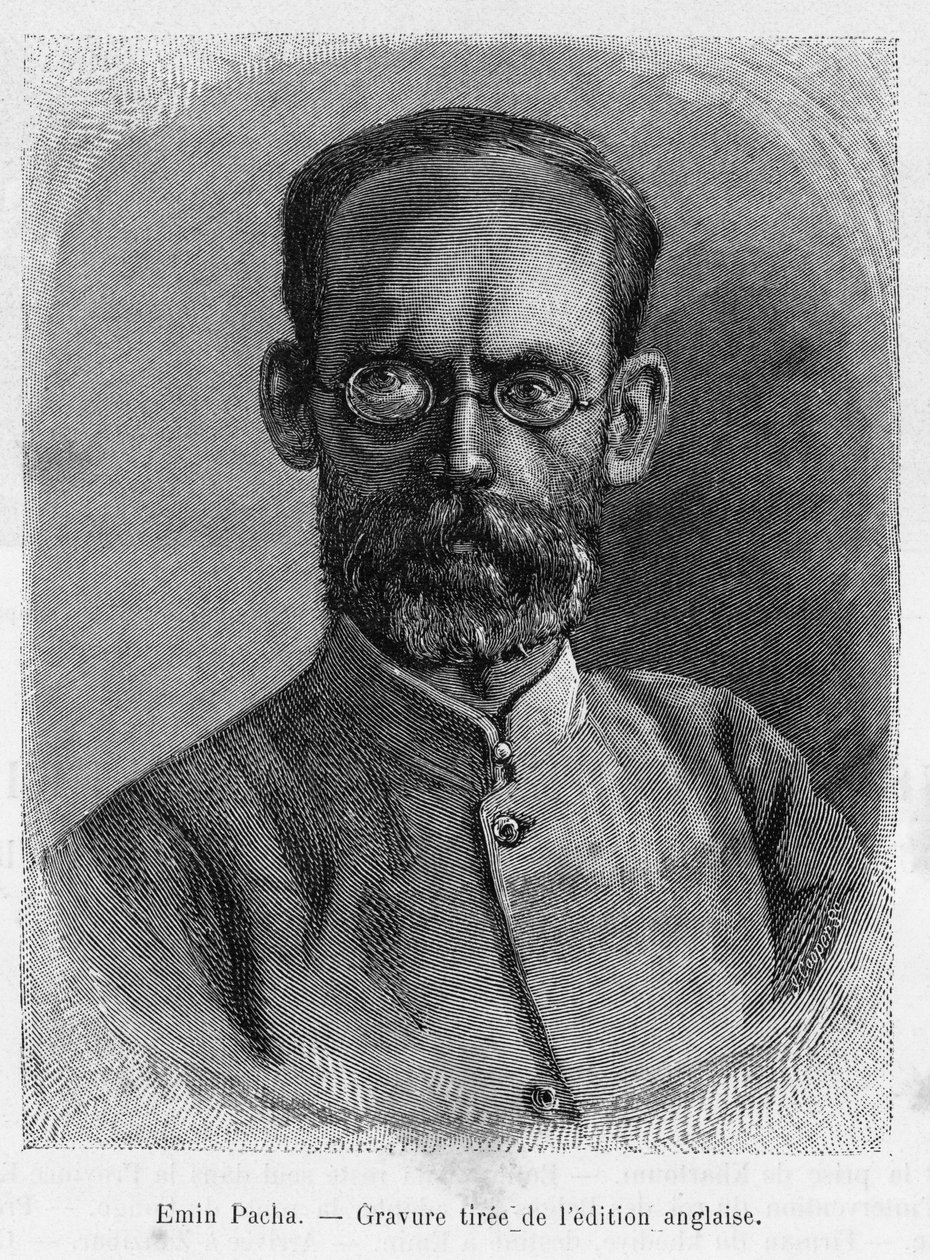 Portræt af Emin Pasha (Isaac Edward Schnitzer 1840-1892), læge, naturforsker, opdagelsesrejsende og guvernør i den egyptiske provins Ækvatoria. Gravering, for at illustrere historien I Afrikas skygger, forskning opdaget og tilbagetog af Emin Pacha af Unknown artist