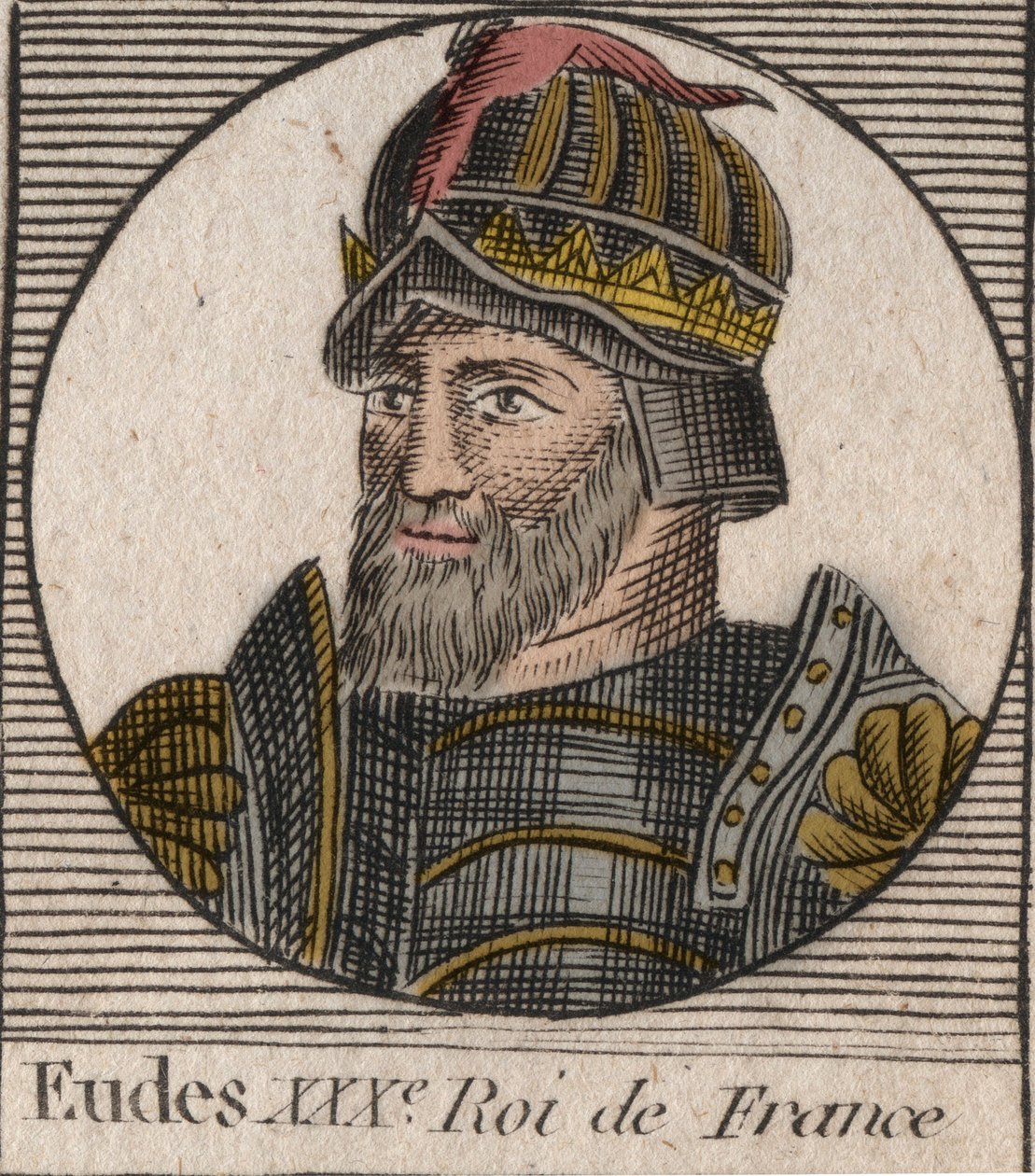 Portræt af Eudes (Odon) (v. 860 - 898), greve af Paris og Troyes, dengang konge af Frankrig - EUDES greve af Paris valgt til fransk trone efter afsættelsen af kejseren Karl - gravering fra "Instruction sur l