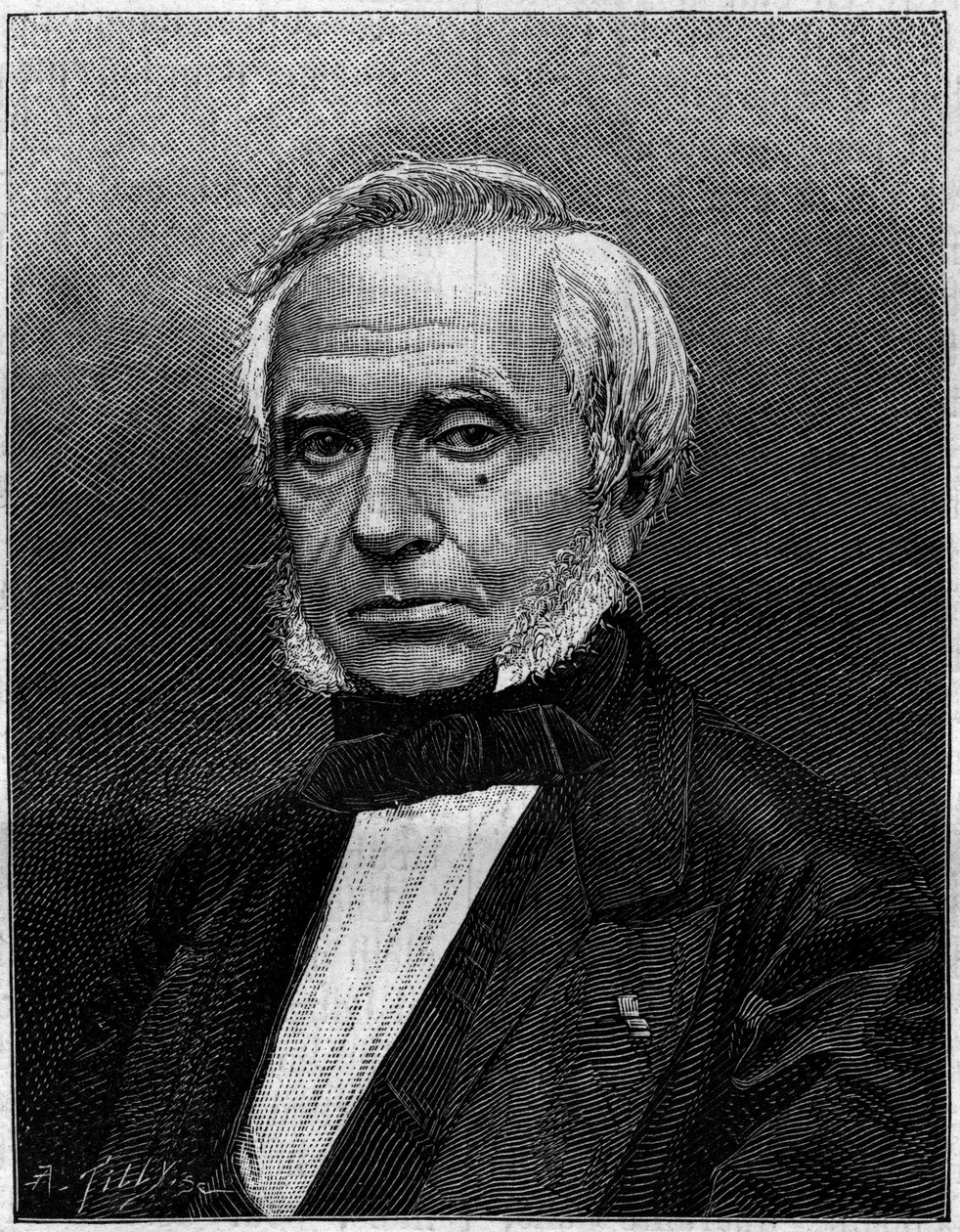 Portræt af Eugene Bourdon (1808-1884), fransk ingeniør, opfinder af "manometeret Bourdon" til at måle tryk. Indgravering i "" Naturen. Gennemgang af videnskab og dens anvendelser til kunst og industri. 1884 af Unknown artist