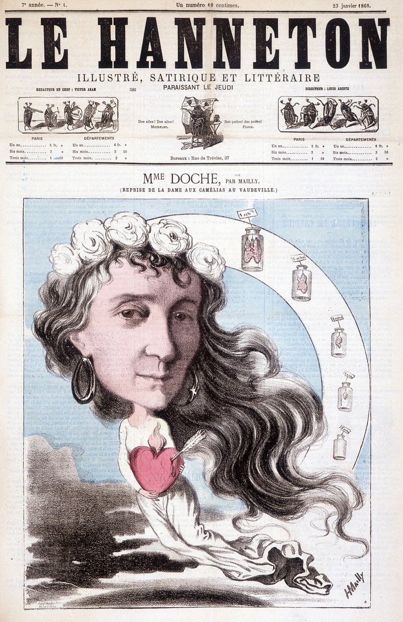 Portræt af Eugénie Doche, der spiller i et cover på Vaudeville-teatret i "La Dame aux Camélias", skrevet af Alexandre Dumas (lyd) i 1852. I Le Hanneton, 23. januar af Unknown artist