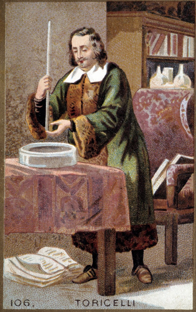 Portræt af Evangelista Torricelli eller Toricelli (1608-1647), italiensk fysiker, med sin opfindelse: Barometeret (kviksølvrør). af Unknown artist