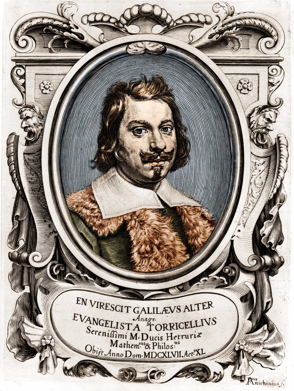 Portræt af Evangelista Torricelli eller Toricelli (1608 - 1647), italiensk fysiker. Gravering af det 17. århundrede. af Unknown artist